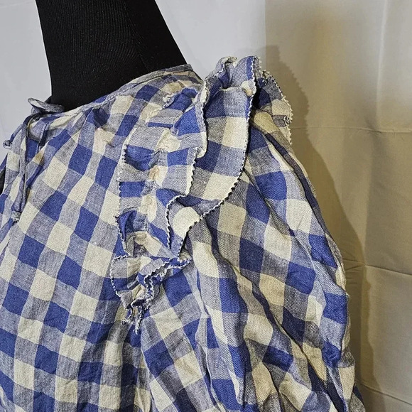 Olivaceous blue and white checkered 100% linen‎ midi dress - Picture 7 of 14